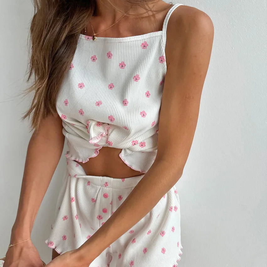 2pcs/set Cartoon Floral Print Knit Pajama Set 2026 New Ruffled Camisole Shorts for Women Comfortable Sleepwear Home Loungewear