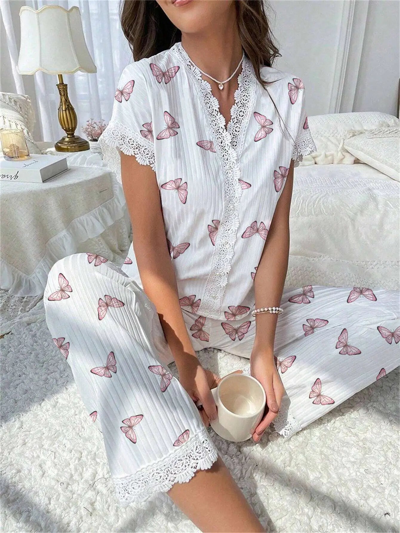 Early Spring Comfortable Pajamas Set with Floral Printed for Women Sleepwear Short Sleeve Top and Long Pants Homewear Loungewear