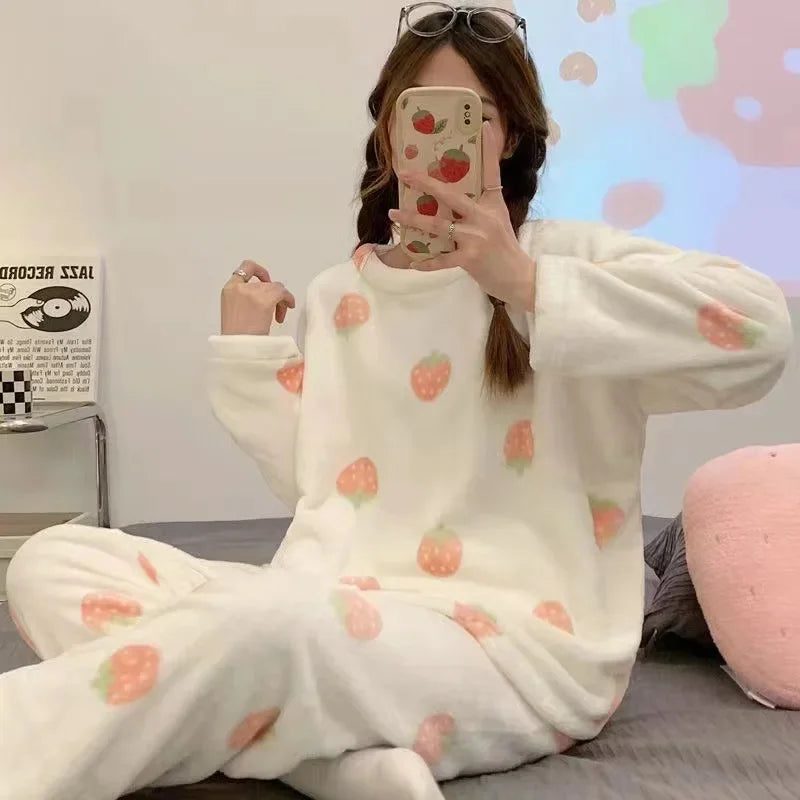 Warm Sleepwear for Winterthickened Plus Size Coral Velvet Pajamas Women Warm Long Sleeve Solid Color Plaid Trousers Home Suit Se