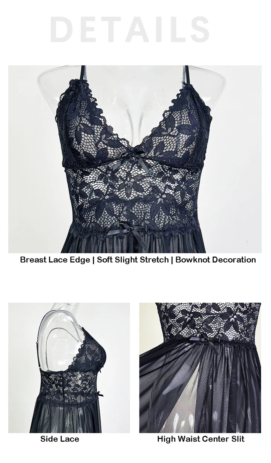 Women Sexy Floral Lace Mesh Nightgown V-Neck Sleeveless High Slit Backless Slip Dress with Bowknot Suspender Lingerie Sleepwear