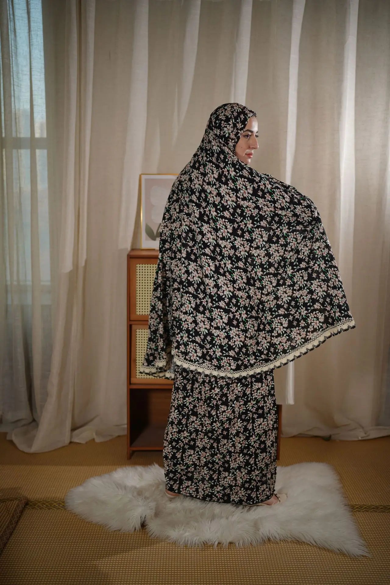 Muslim Outfits Two Pieces Prayer Flower Print Long Hooded Shirts Hijab Maxi Skirt Women Skirts Sets Ramadan Morocco musulman