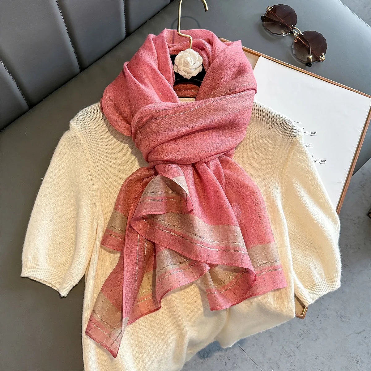 Luxury Long Scarf For Women Elegant Hijab For Travel Beach Soft Stain Neckerchief Shawl Solid Color Imitation Silk Scarves