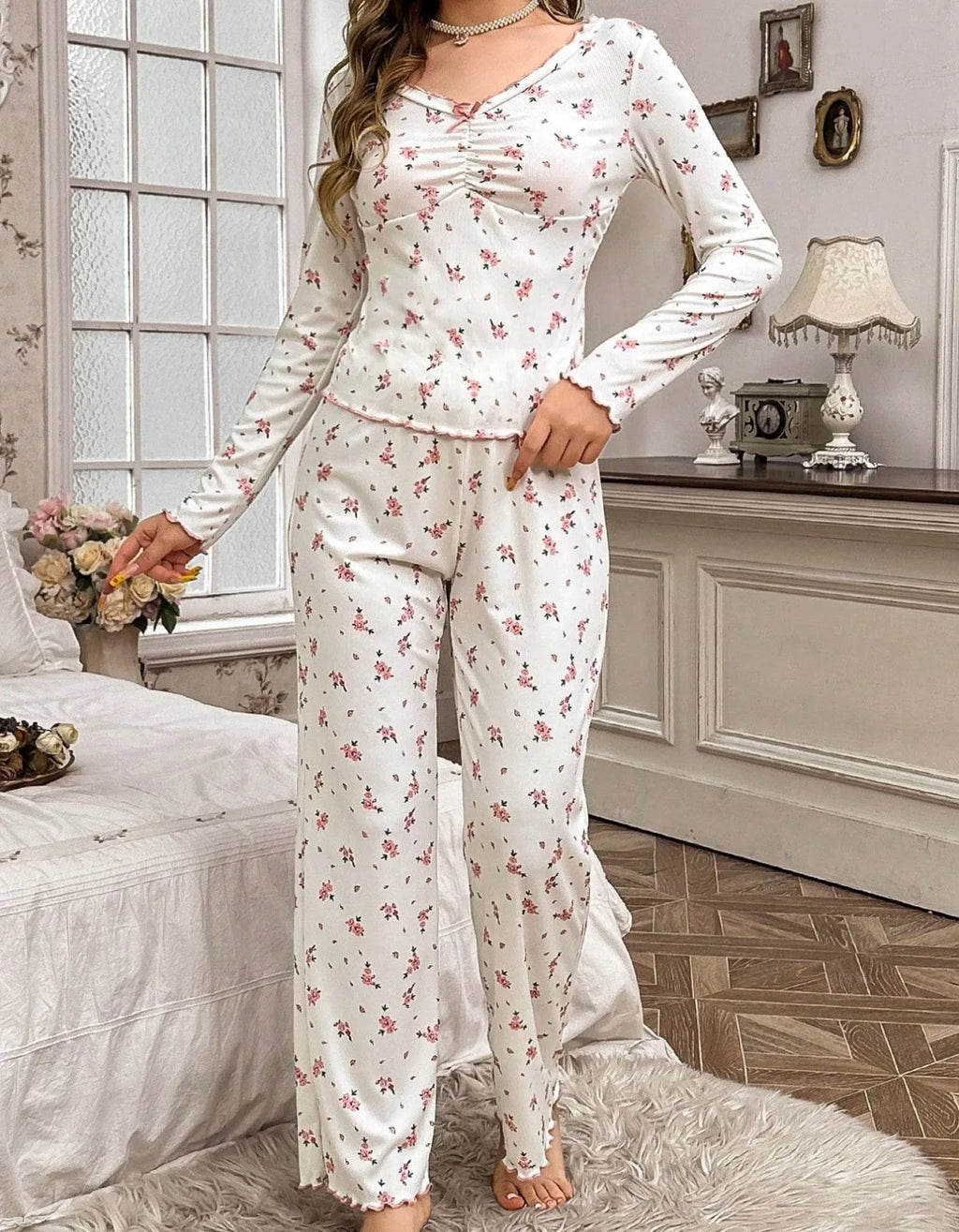 Autumn Winter Pajamas Set Women Round Neck Floral Printed Long Sleeve Tops and Trousers Sleepwear Home Wear Loungewear