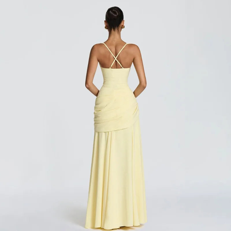 Women Yellow Low Cut Backless High Waisted Dress Cincher Spaghetti Strap Vestidos Party Club Women Robe Elegant Evening Dress