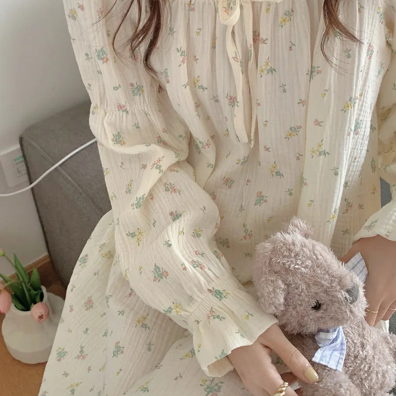 Sweet Girl Floral Print Long Nightdress Sleepwear Spring New Female Cotton Nightgown Lounge Wear Casual Bathrobe Home Wear