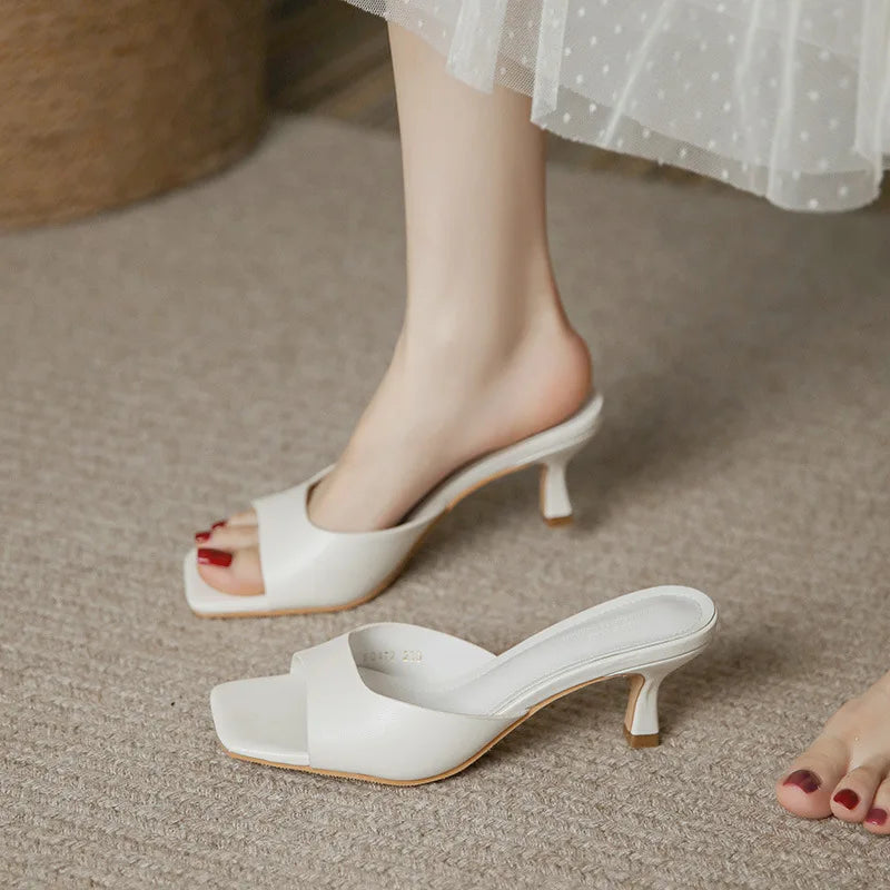 Size 34-42 Women Heeled Mules Sandals Soft Leather High Heels Summer Shoes For Women Slippers Vintage Open Toe Slides