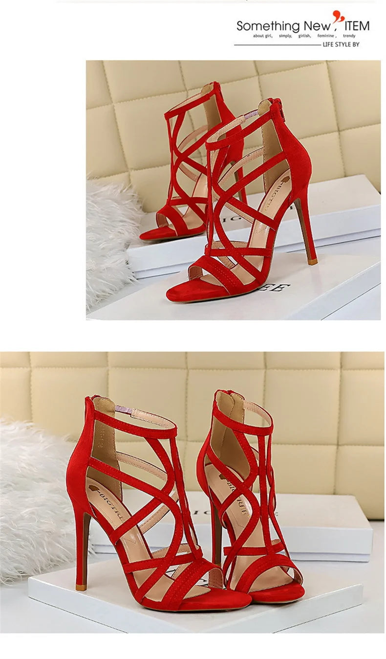 Women Roman style Thin High Heels Pumps Pointed Toe Suede Hollow Strap Party Shoes Solid Solid Ankle Zip Summer Sandals