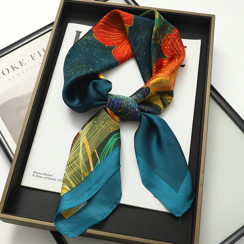 Luxury Women Silk Square Scarf Shawl Fashion Xiaoxiangfeng Print Design Satin Hijab Wraps Neckerchief Female Hair Bands 70*70CM