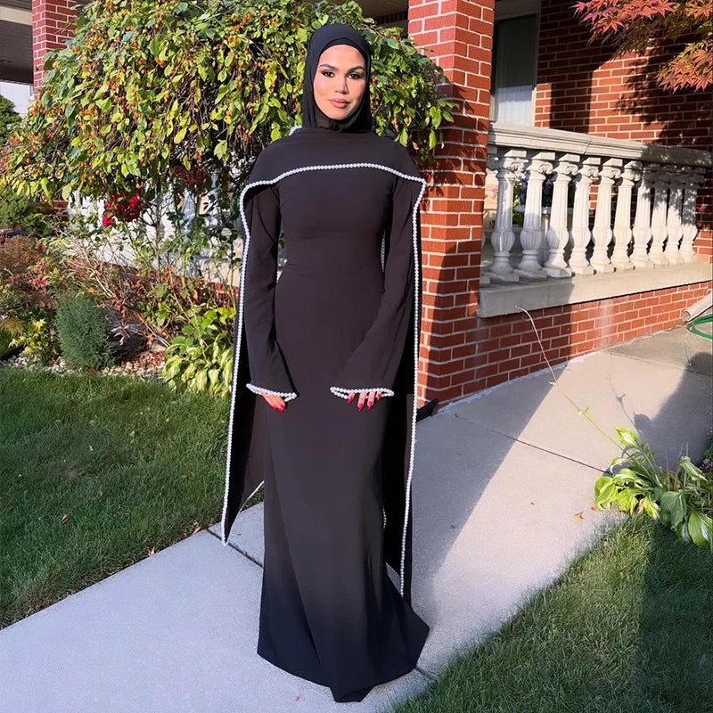 White Pearl Trim Cape Maxi Dress Women Elegant Long Sleeve Cinched Waist Muslim Robes 2026 Spring EID Abaya Lady Dresses