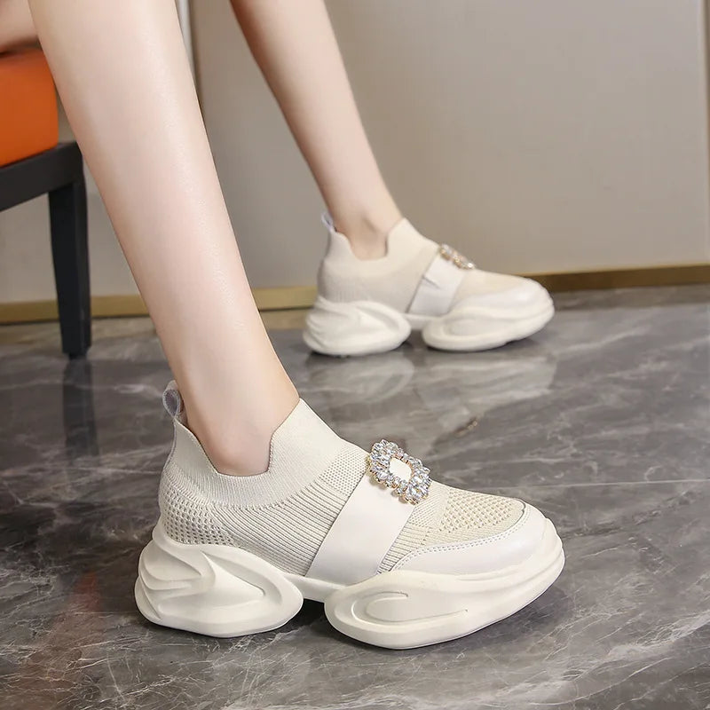 Platform Shoes Women's Spring Summer New Fashion Rhinestone Sports Casual Shoes Slip-On Mesh Breathability Sneakers Women