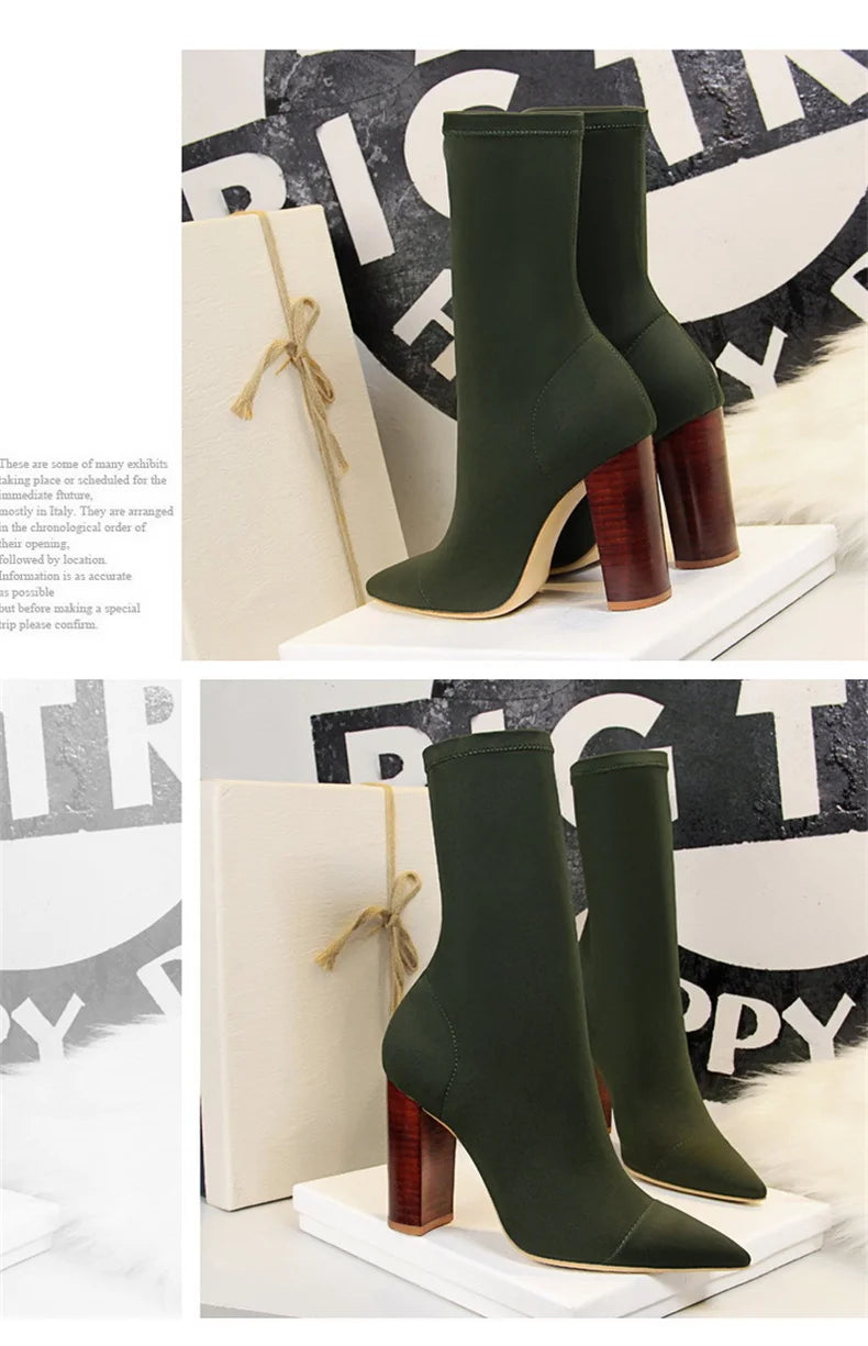 Mid-Calf Boots 2024 New Women Stretch Sock Boots Chunky Block Heels High Heels Silk Shoes Solid Color Short Boots Autumn 3129-3