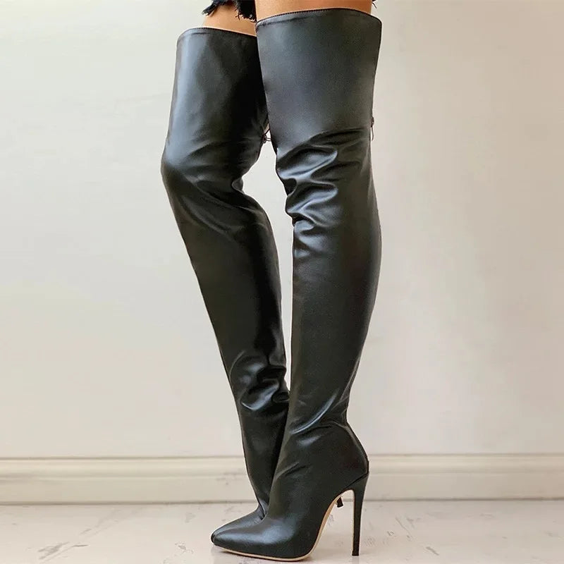 Women Boots Red Black Pointy Toe Thigh High Long Boots Autumn Winter Zip Over-the-Knee Boots Party Shoes Plus Size 46 Stiletto