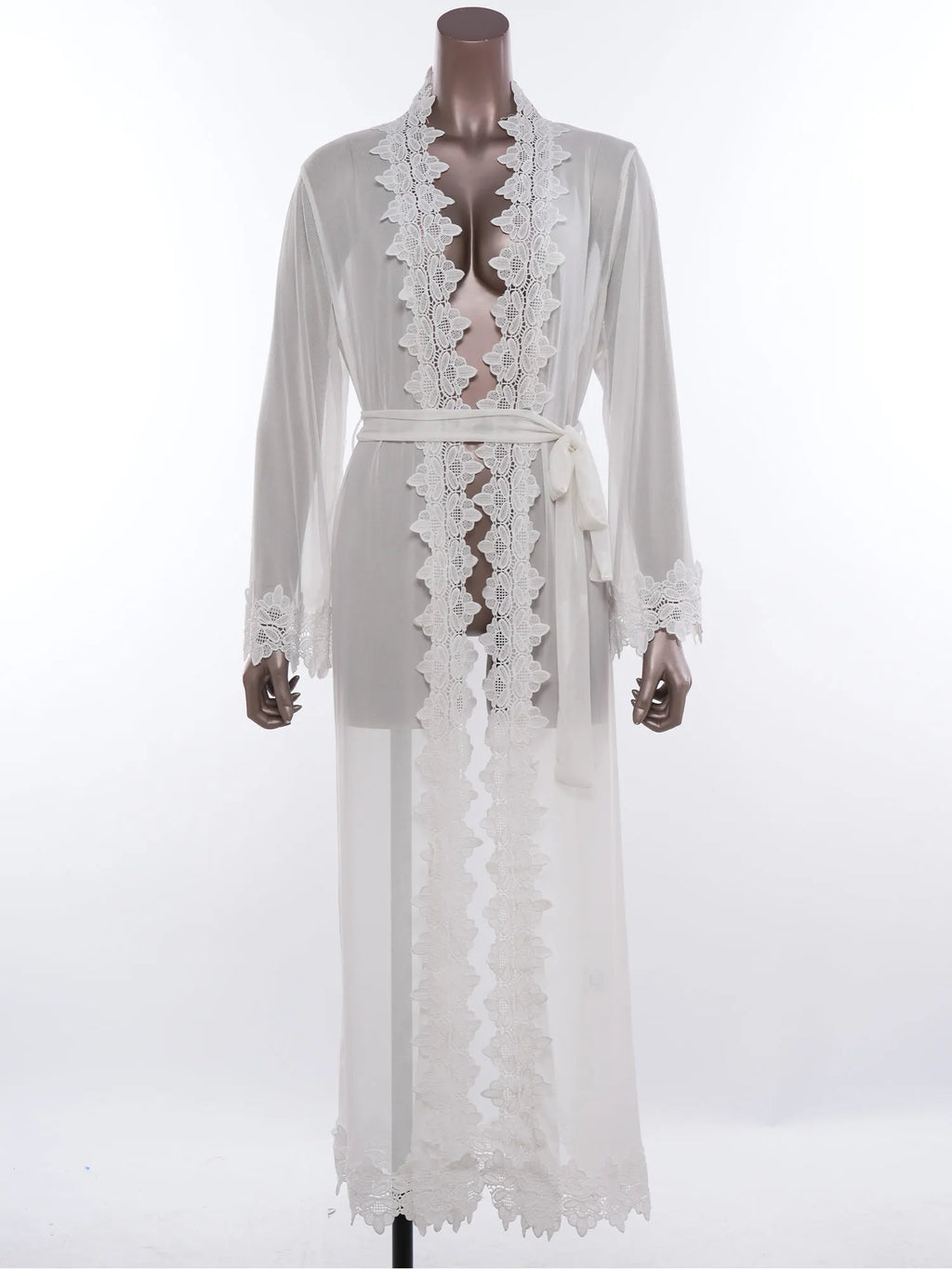 Womens Floral Lace Nightgown Set Long Sleeve Sheer Mesh Robe with Backless Satiny Sling Dress Gown Belt for Bride Wedding Night