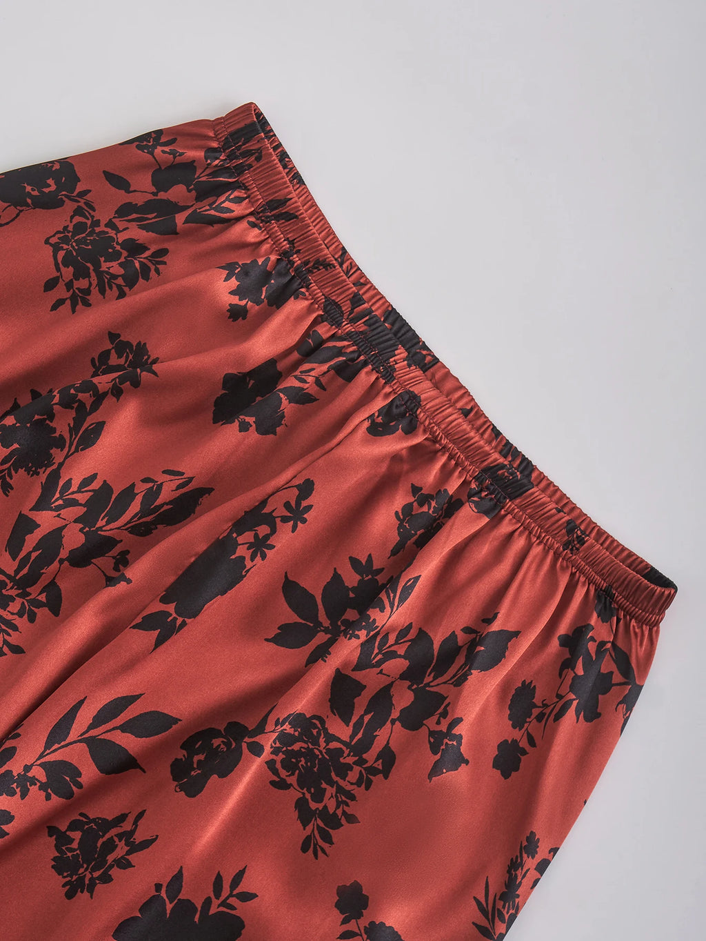 Women Satin Pajama Set Red Black Floral Print Short Sleeve Top & Long Pants Sleepwear Luxury Silk Like Nightwear Loungewear