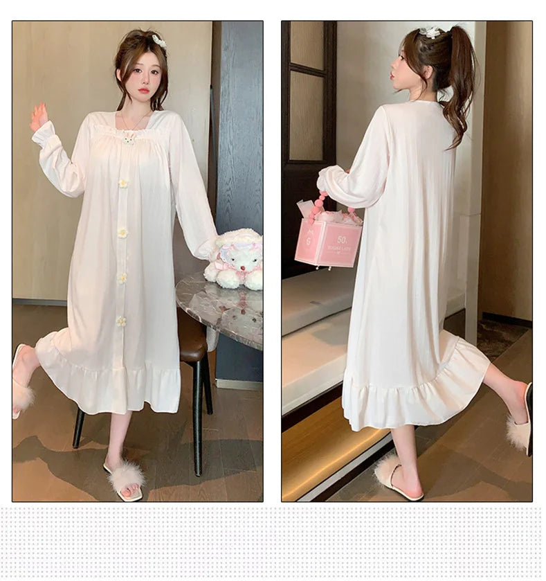 Autumn Winter New Women Cotton Nightdress With Chest Pad Long Dress Sweet Loose Long Sleeve Home Wear
