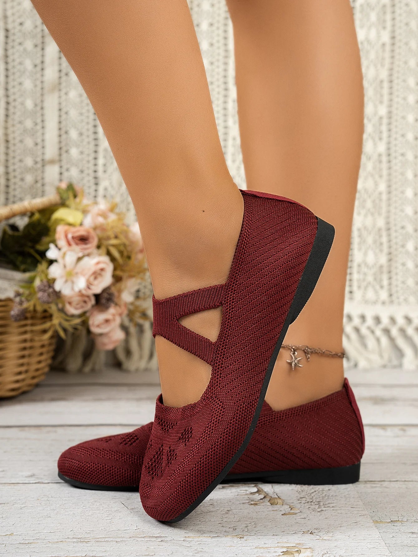 Round-toe small single shoes, fairy-style ballet shoes, comfortable knitted Mary Jane shoes