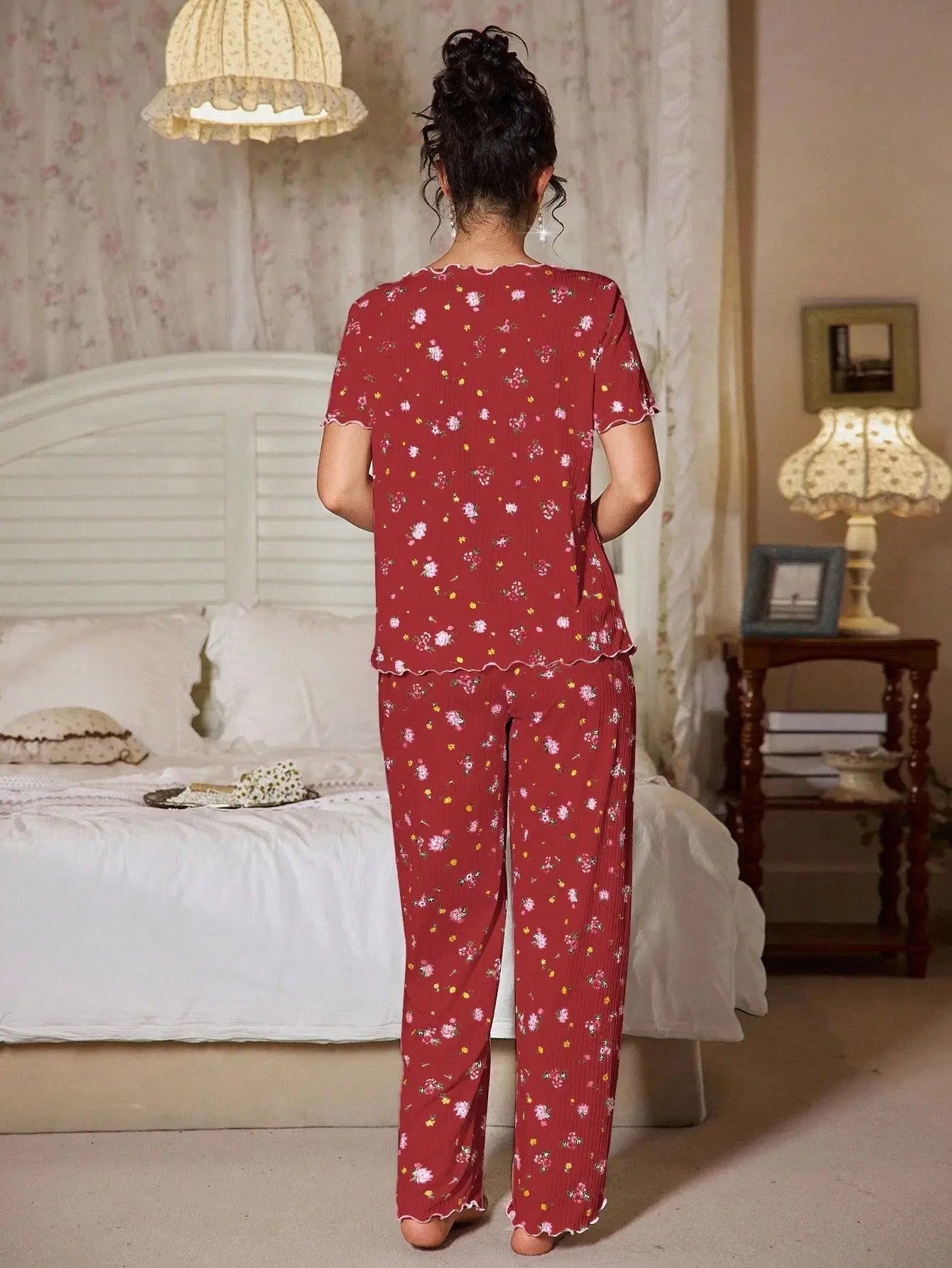 New European and American style loose-fitting women's pajamas, floral short-sleeved long pants home wear, casual two-piece set s