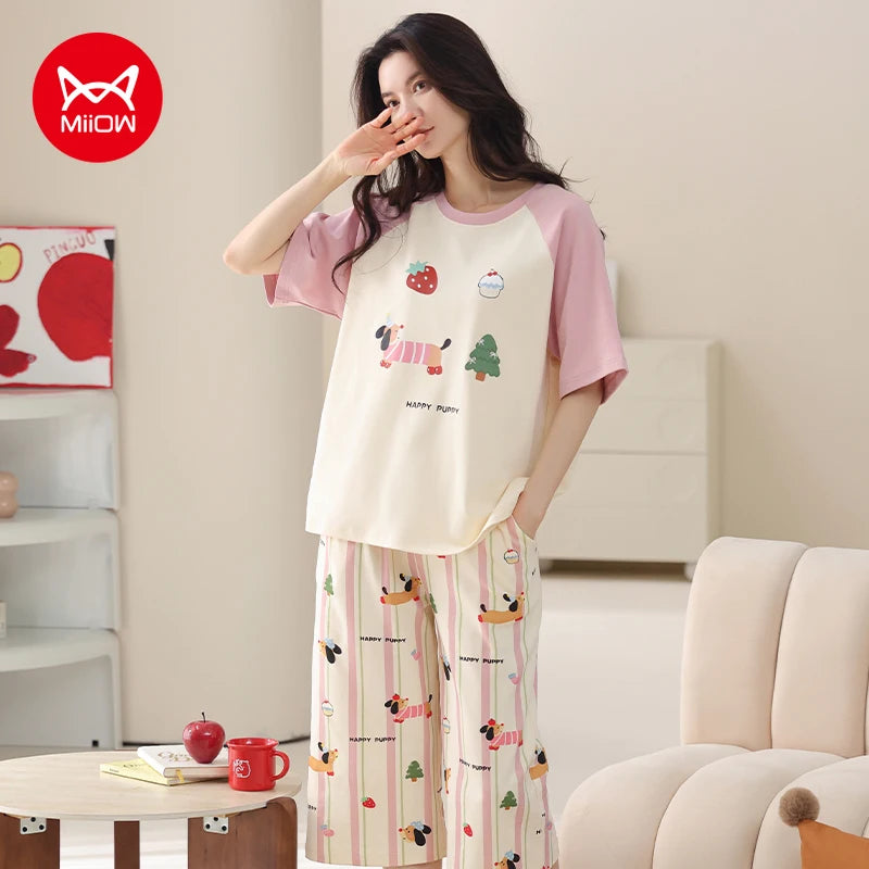 MiiOW 2Pcs Summer Women's Pajamas Set Cotton Short Sleeve Woman Homewear Cute Pink Patchwork Print Girls Pajamas Woman Sleepwear