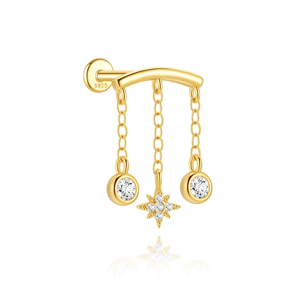 CANNER 1PC 925 Sterling Silver Eight-pointed Star CZ Piercing Earring For Women Ins Tassel Chain Stud Earring Party Fine Jewelry