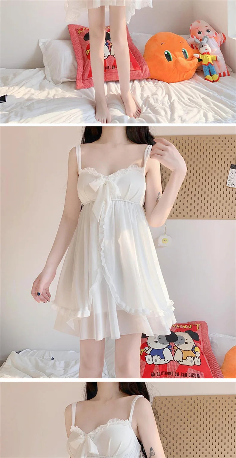 Elegant Sweet Simple Solid White Women Robe Gown Sets Chic Lace Bow Mesh  Sleepwear Breathable Slim Nightdress