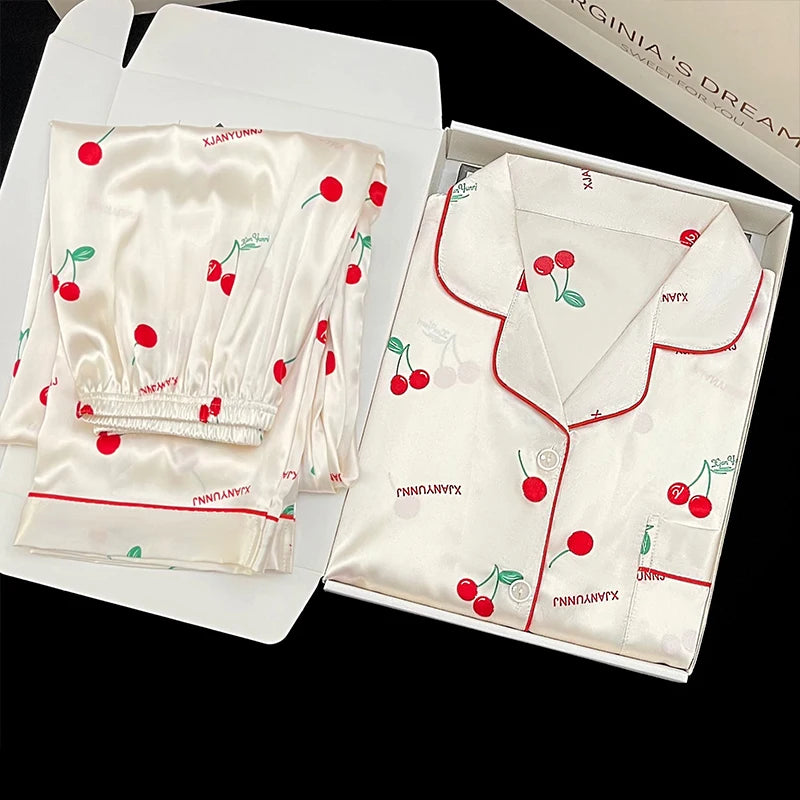 2024 New Ice Silk 2 Pieces Pajamas for Women Autumn Spring Women's Pajamas Set Elegant Ptinting Flower Home Wear Soft Sleepwear