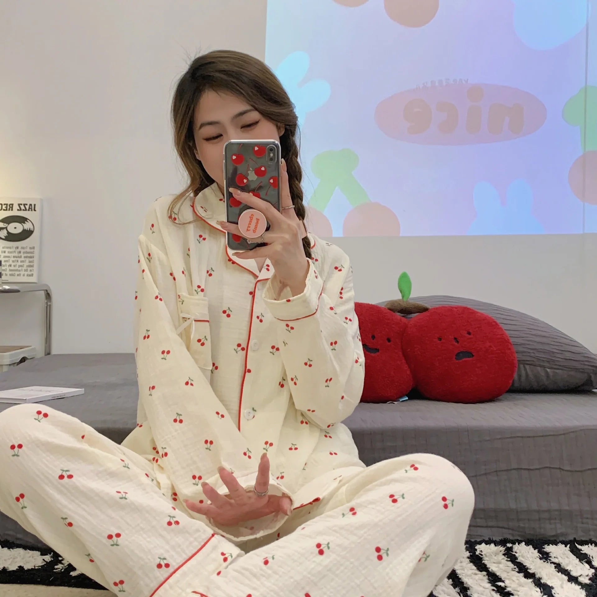 New Arrival: Korean-Style Spring/Fall Cherry Blossom Bubble-Cotton Pajamas for Women - Long-Sleeve Top & Long Pants Homewear