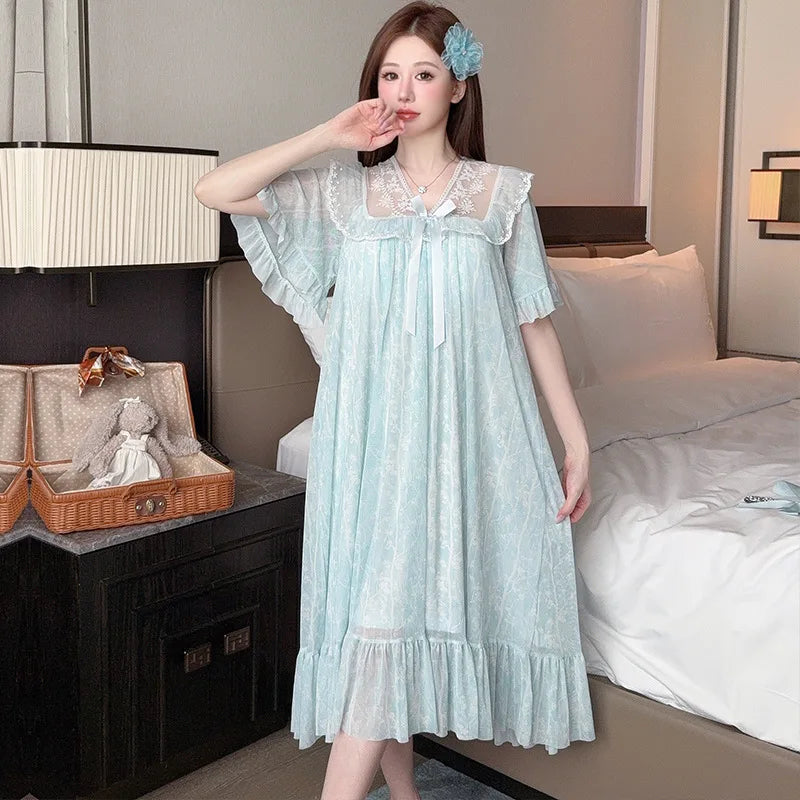 Floral Lace Nightgown with Cheat Pad Korean Women Summer Short Sleeve Pajamas Dress Princess Style Loose Nightdress Loungewear