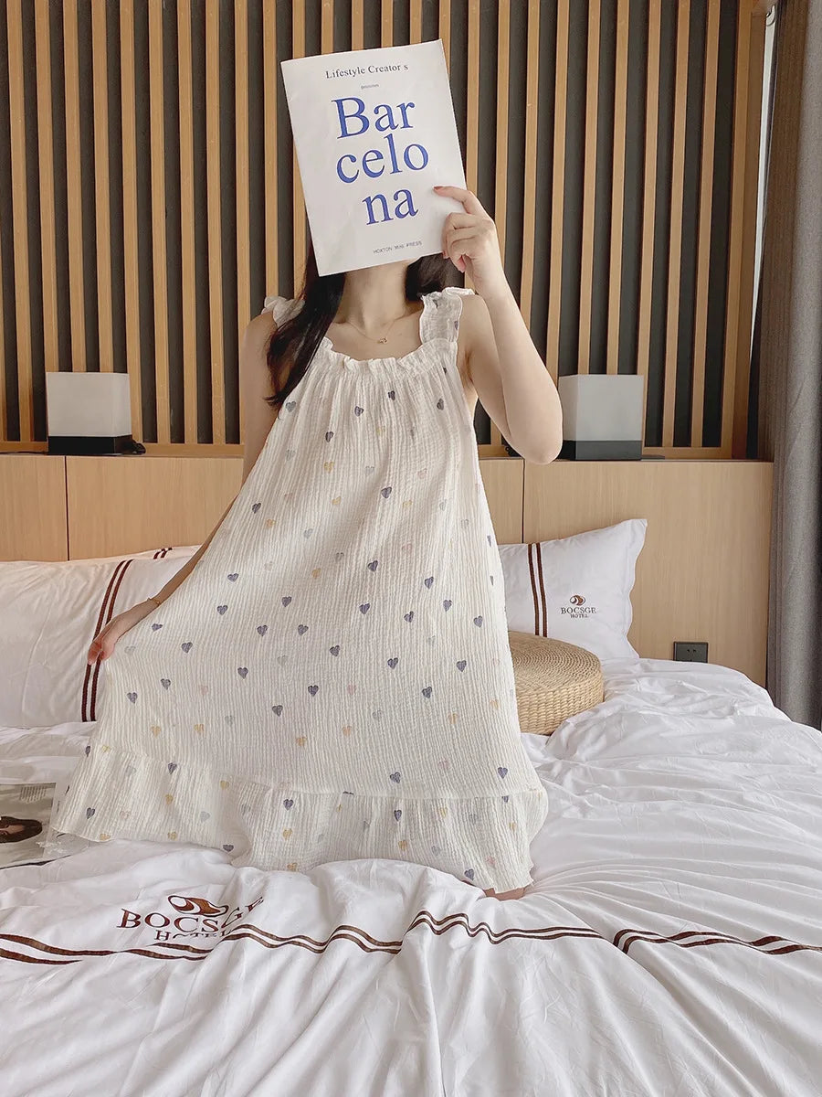 2026 new women's summer cotton yarn, pure cotton suspender sleepwear loose medium to long sweet and cute long skirt home wear