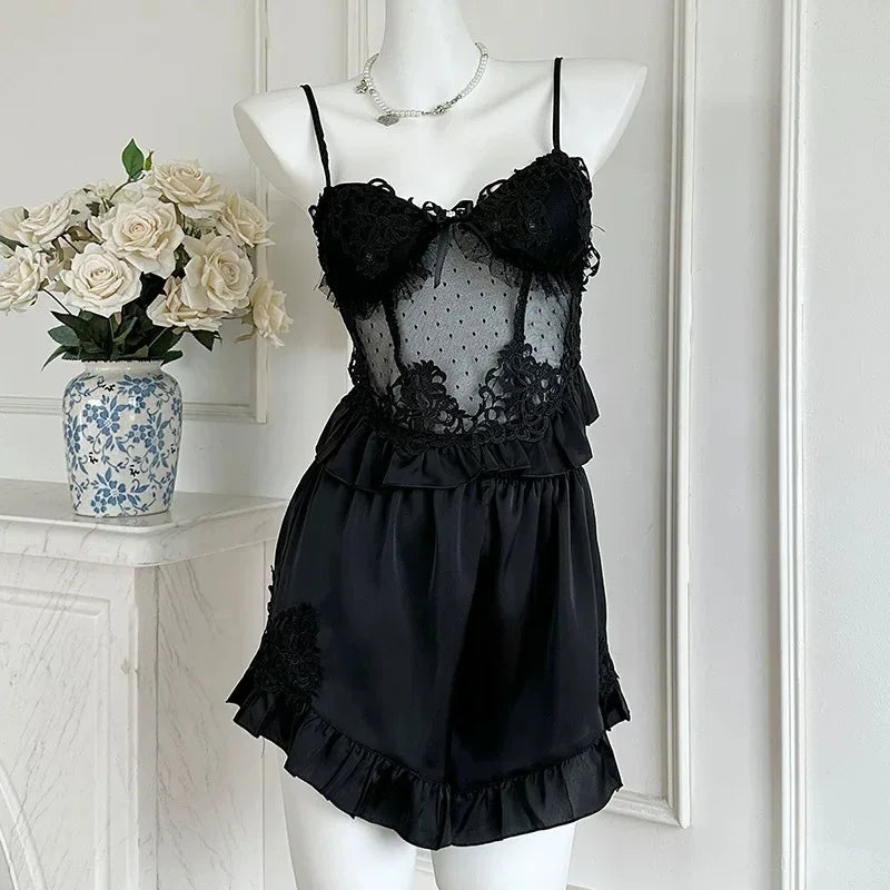 Palace Vintage Embroider Lace Floral Pajamas Set Sexy Sleepwear Satin Cami Top Shorts Pants Pijama Mujer Summer New Lingerie