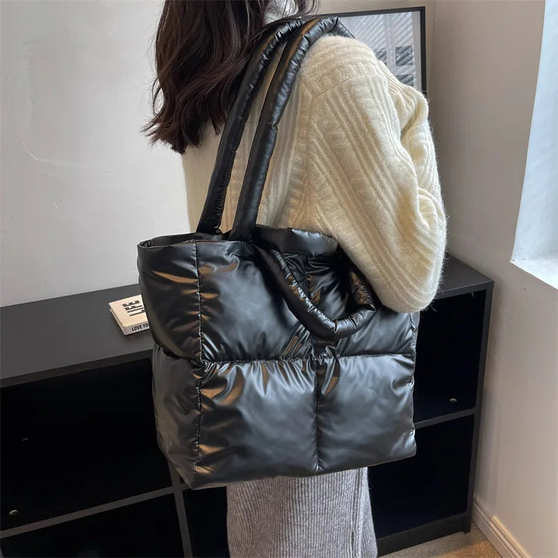 Designer Puffy Shoulder Bag Women Quilted Space Down Feather Padded Cotton Handbag Winter Large Capacity Warm Shopping Purse