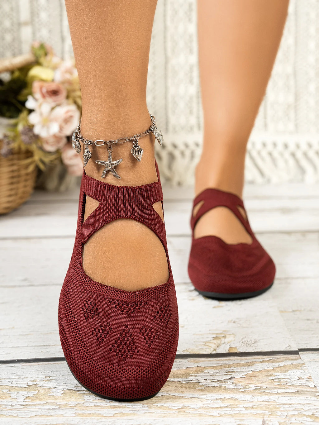Round-toe small single shoes, fairy-style ballet shoes, comfortable knitted Mary Jane shoes