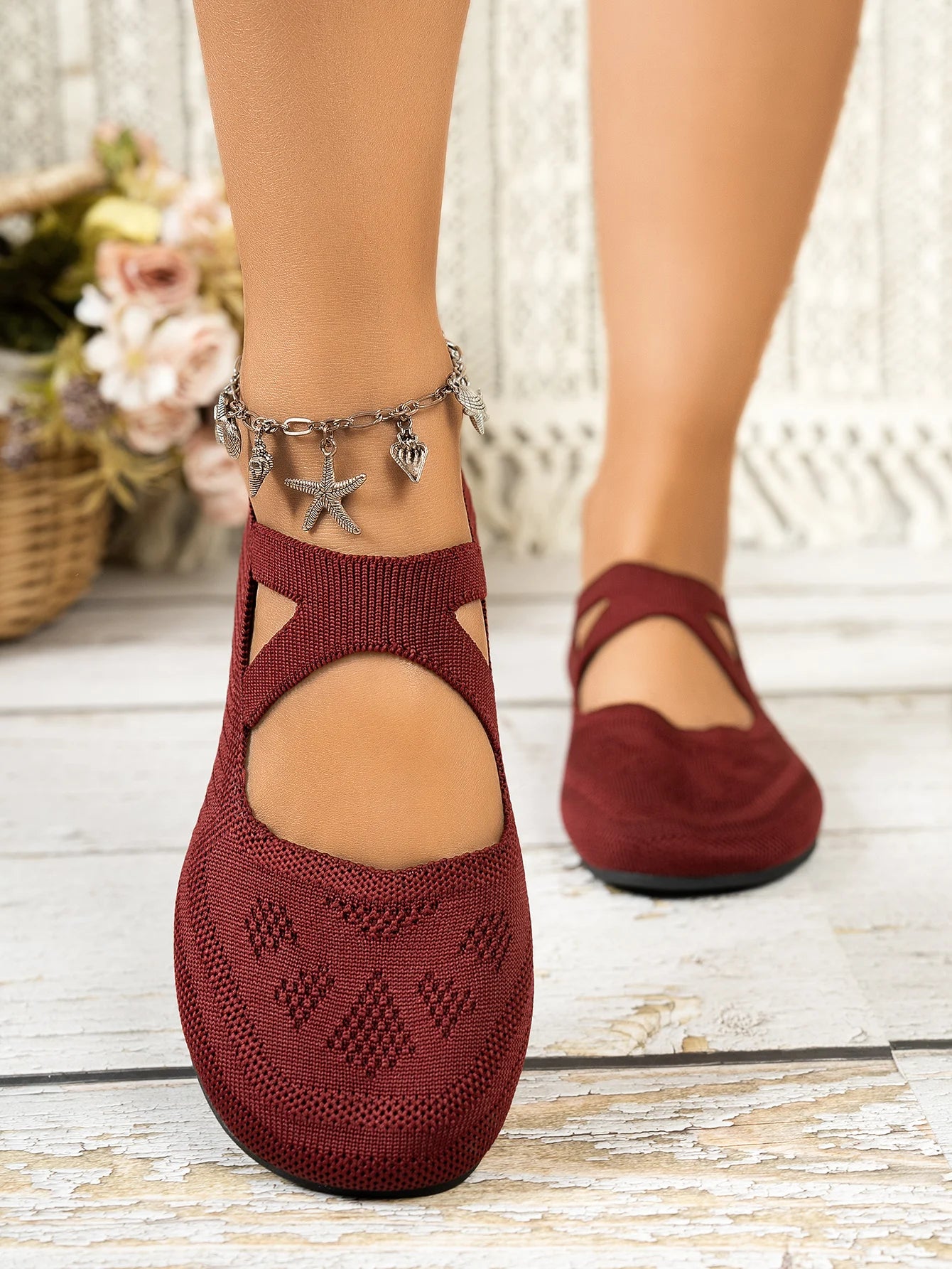 Round-toe small single shoes, fairy-style ballet shoes, comfortable knitted Mary Jane shoes