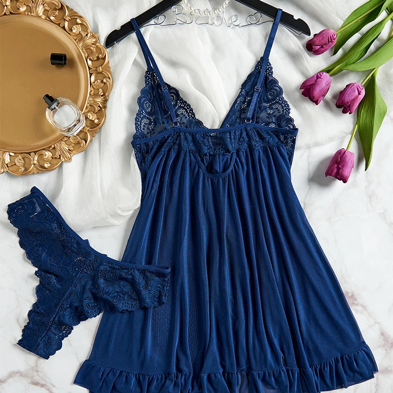 Transparent Lace Women Erotic Open Bra Blue Sling Nightgown Underpants Set Deep V Wedding Night Nightgown Sexy Lingerie Costumes