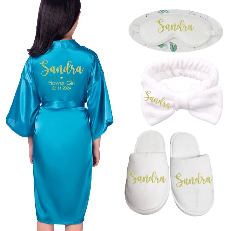 Customized Name Date Flower Girl Robes Set Wedding Bathrobes Pajamas Kids Nightdress Birthday Party Kid Robe