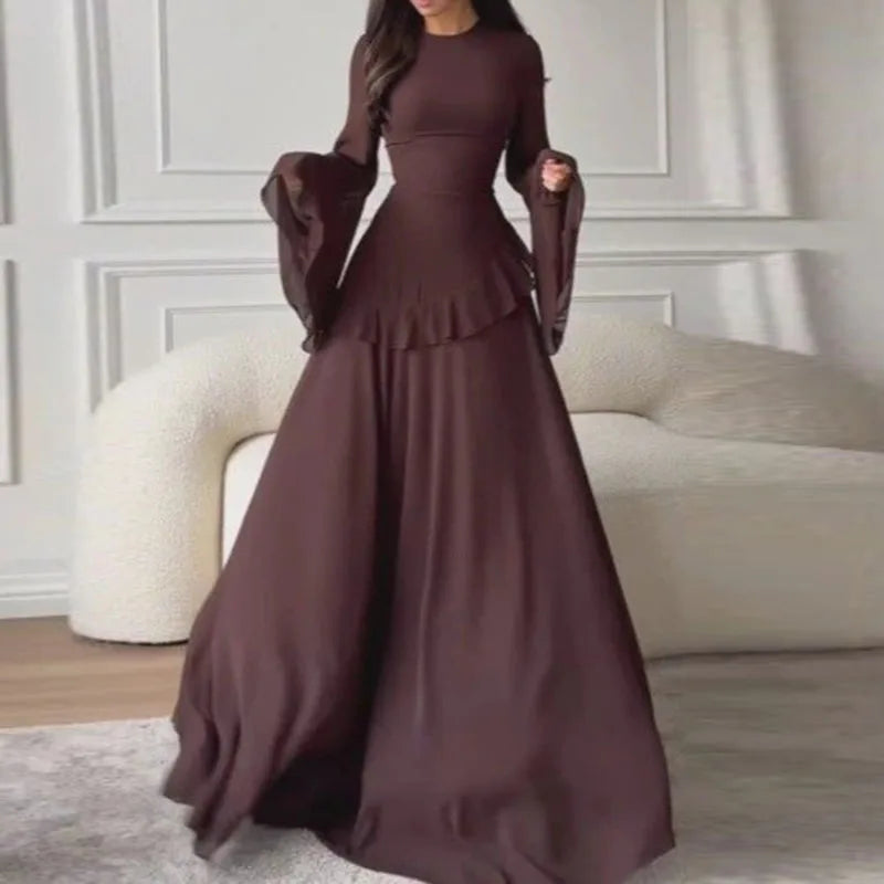 Robes for Woman Elegant O Neck Solid Ruffles Party Pleated Dress Spring Autumn Flare Sleeve Tie-up Slim Female Clothing Vestidos