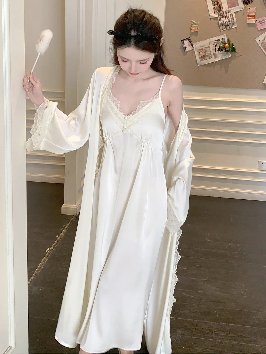 2025New Long Sweet Blue Robe Set Women Elegant Bathrobe Rayon Kimono Sexy Lace Floral Home Dressing Gown Princess Loungewear