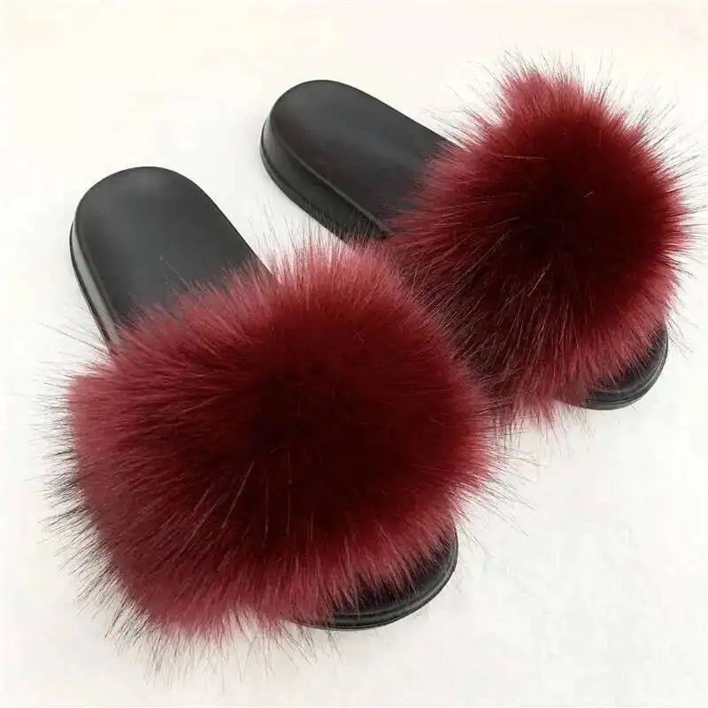 Ladies Fluffy Slippers Summer Women Faux Fur Soft Slides Stylish Open Toe Sandals Outdoor Indoor Furry Comfortable Beach Shoes