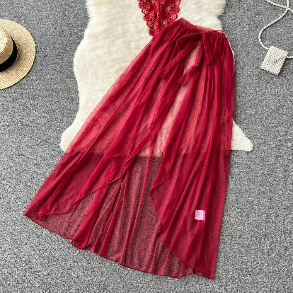 new Women's Multicolour Transpar Sexy Charming Flowing Mesh Long Skirt With Girls V-neck Lace Hollowed out Flower Top Two Pieces