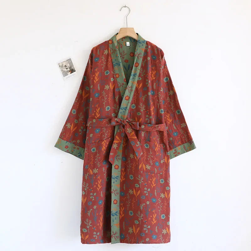 Spring Summer Yukata Print Flower Cotton Robe Sleepwear Female Japanese Retro Kimono Bathrobe Loose Casual Home Dressing Gown