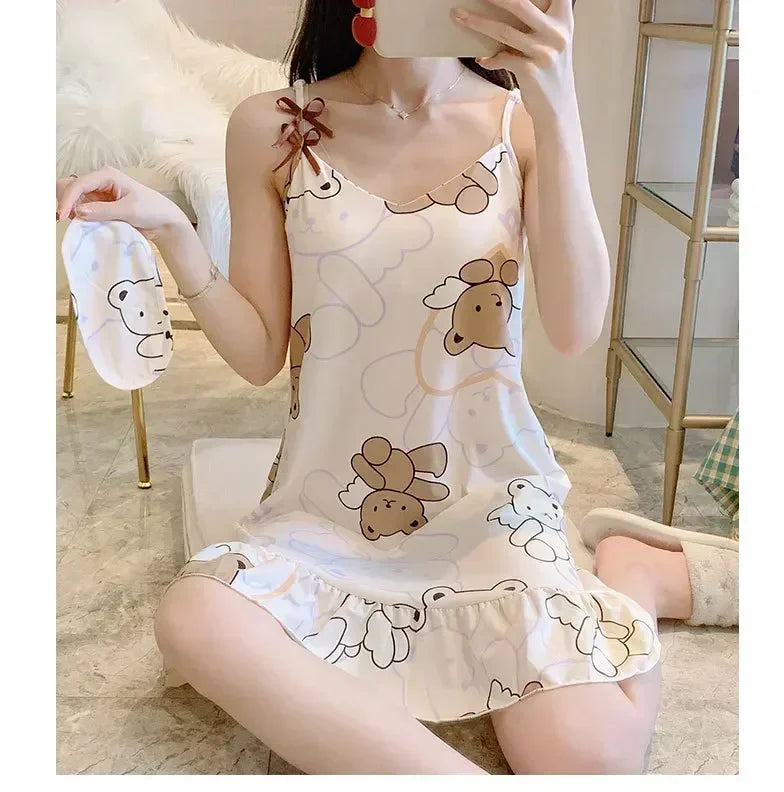 New with Bra Pad, Free Eye Mask, Sling, Loose and Cute Cartoon Animal Pajamas, Nightgown Role-playing Sleepwear Women