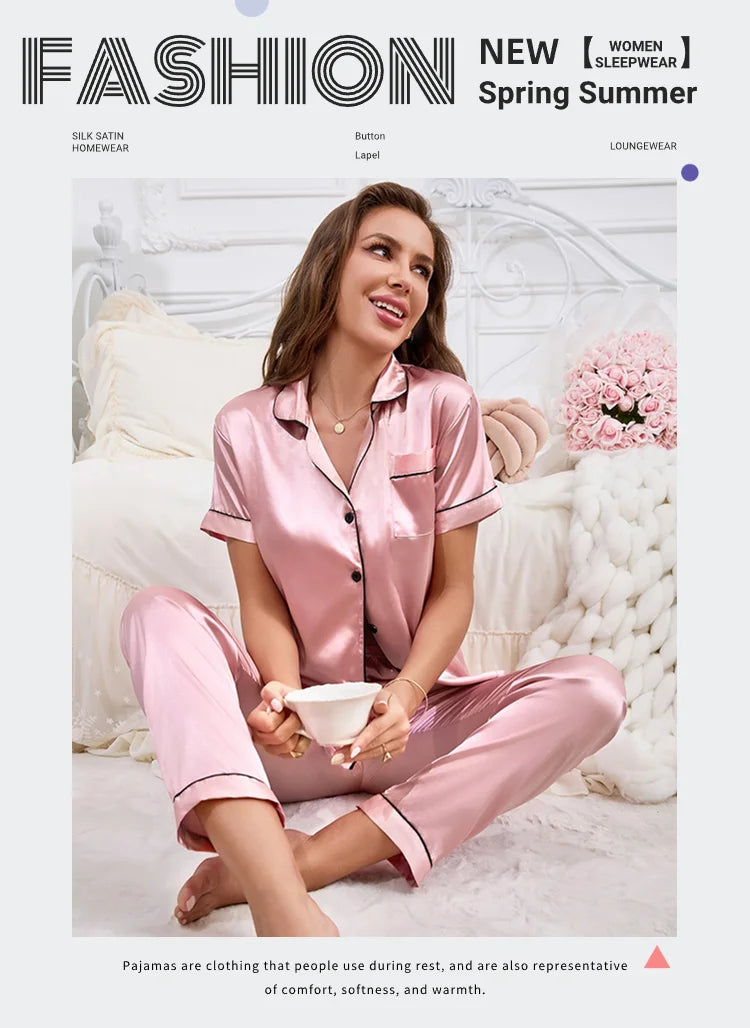 Women Pajamas Sets Spring Short Sleeve Satin Button-Down Top with Pants 2 Piece Pajama Set Sleepwear Pj Set Homewear Loungewear