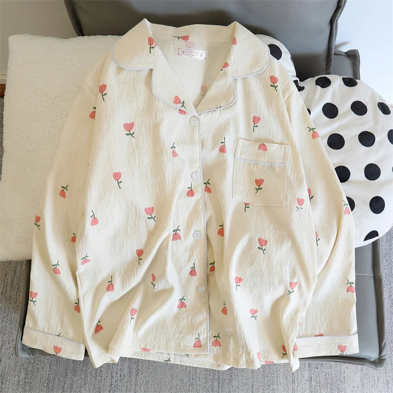 Print Floral Womens Pajamas Sleepwear Set Soft Comfortable Long Sleeve Tops with Pants Pajama 2 Pieces Lingerie Women Home Suit