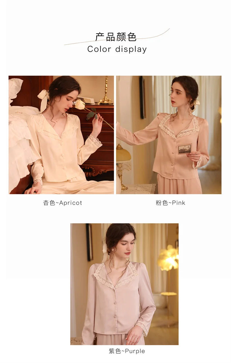 Two Piece Pajamas Set Women Satin Nightwear Home Clothes Spring Autumn Long Sleeve Shirt&pants Sleepwear Suit
