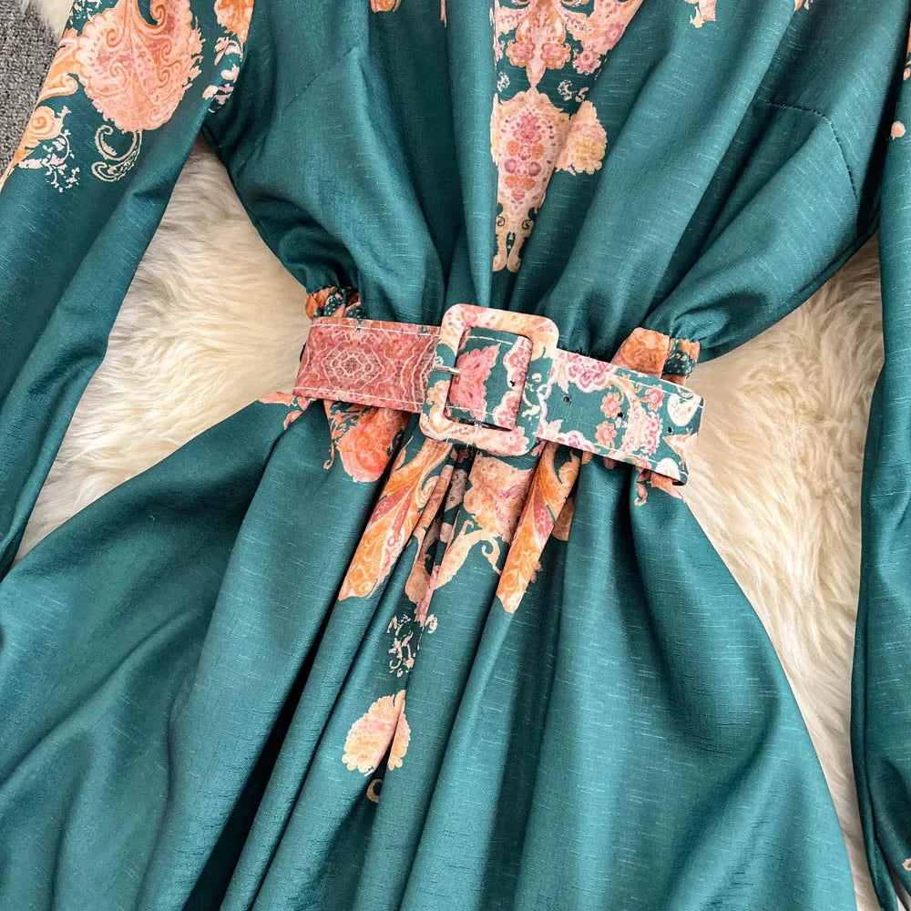 Spring Autumn Retro Palace Style Dress New French Printed Lantern Sleeve Stand Collar A-line Long Dress Femade C110