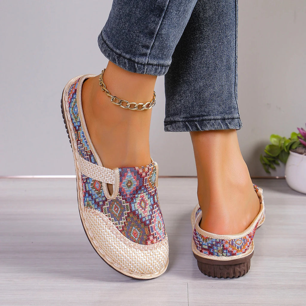 Lady Bohemian style open-toe Mule shoes, round-toe non-slip casual slippers