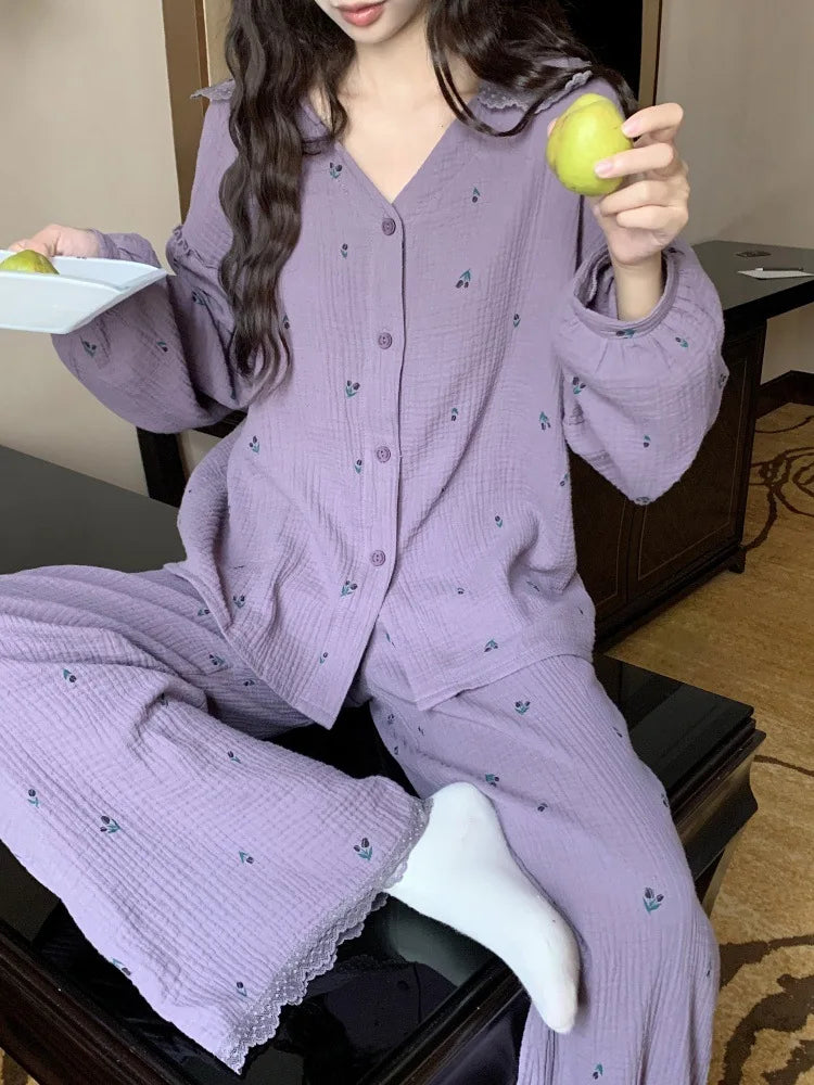 Cute Lapel Sweet Girl's Small Floral Pajama Spring New Elegant Women's Long Sleeved Pant Home Suit Set Comfortable Skin Friendly