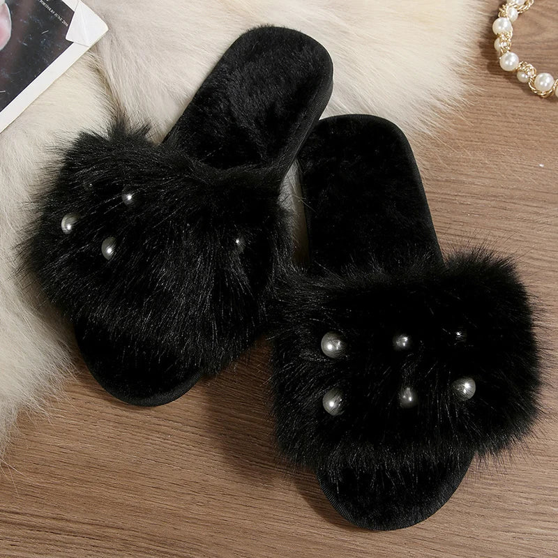 Elegant Pearls Cotton Slippers Women 2025 Winter Indoor Plush Home Slides Woman Open Toe Soft Sole Cotton Slippers Ladies