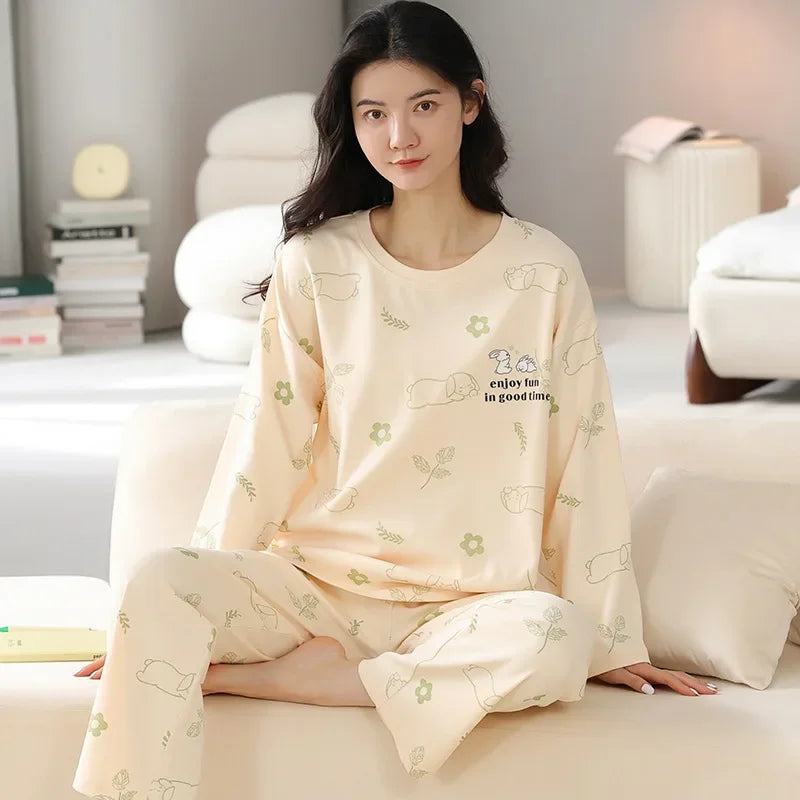 2PCS/Set Ladies Four Seasons Pajamas Long Sleeves Cartoon Casual Student Homewear Girl Giraffe Cute Print Women Sleepwear