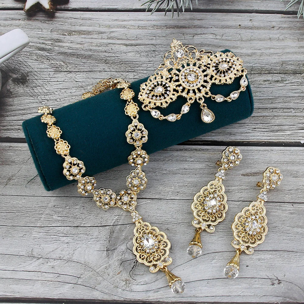 New Gold Color Algeria Bride Wedding Jewelry Set For Women Morocco Earring Necklace Brooch Arabic Traditional Jewelry