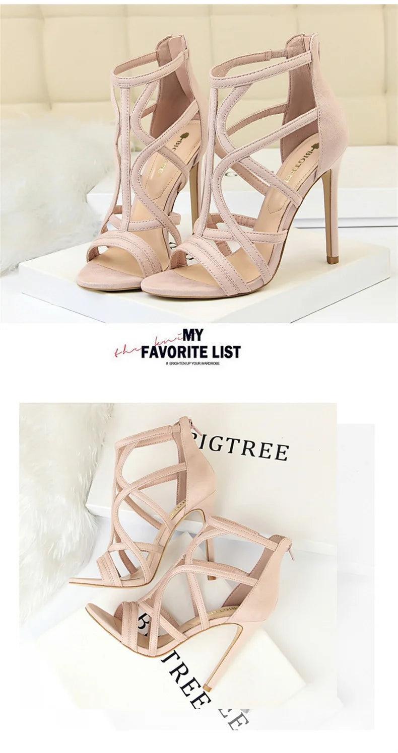 Women Roman style Thin High Heels Pumps Pointed Toe Suede Hollow Strap Party Shoes Solid Solid Ankle Zip Summer Sandals